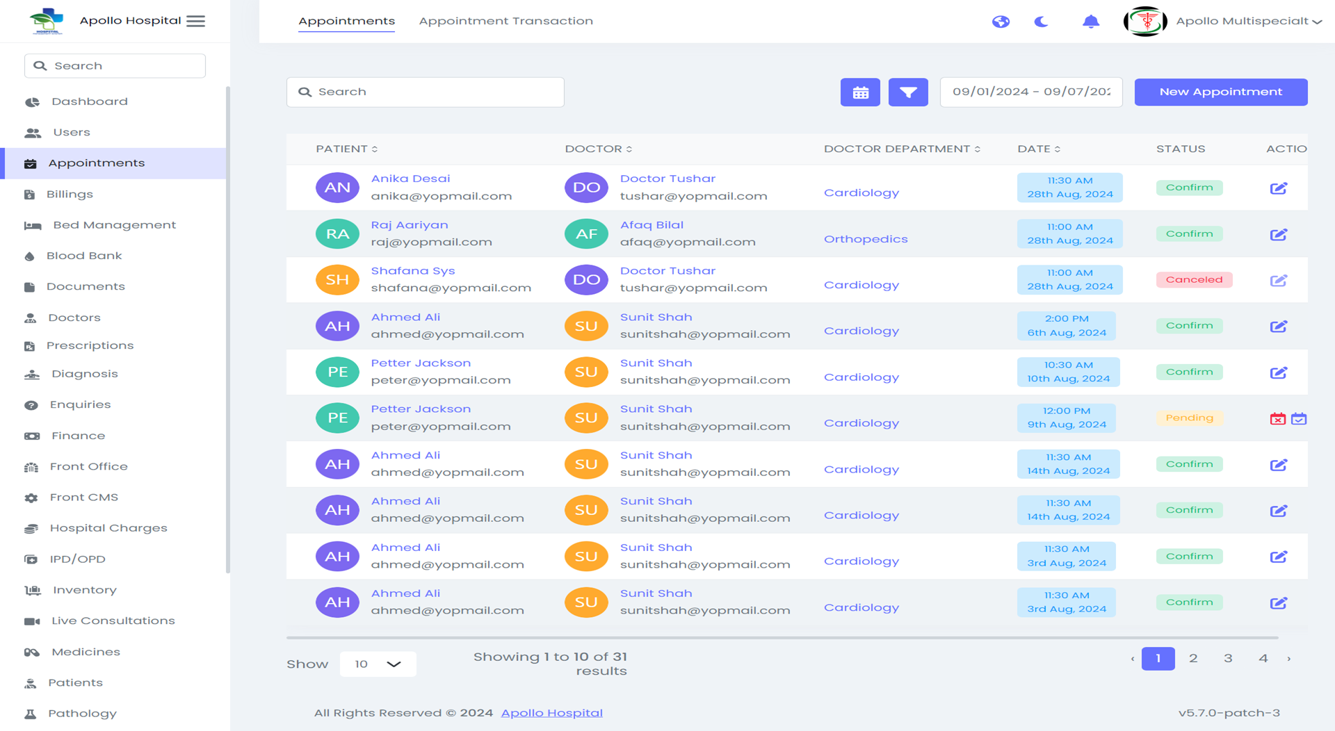 Hospital Management System — hospital panel — Appointment List